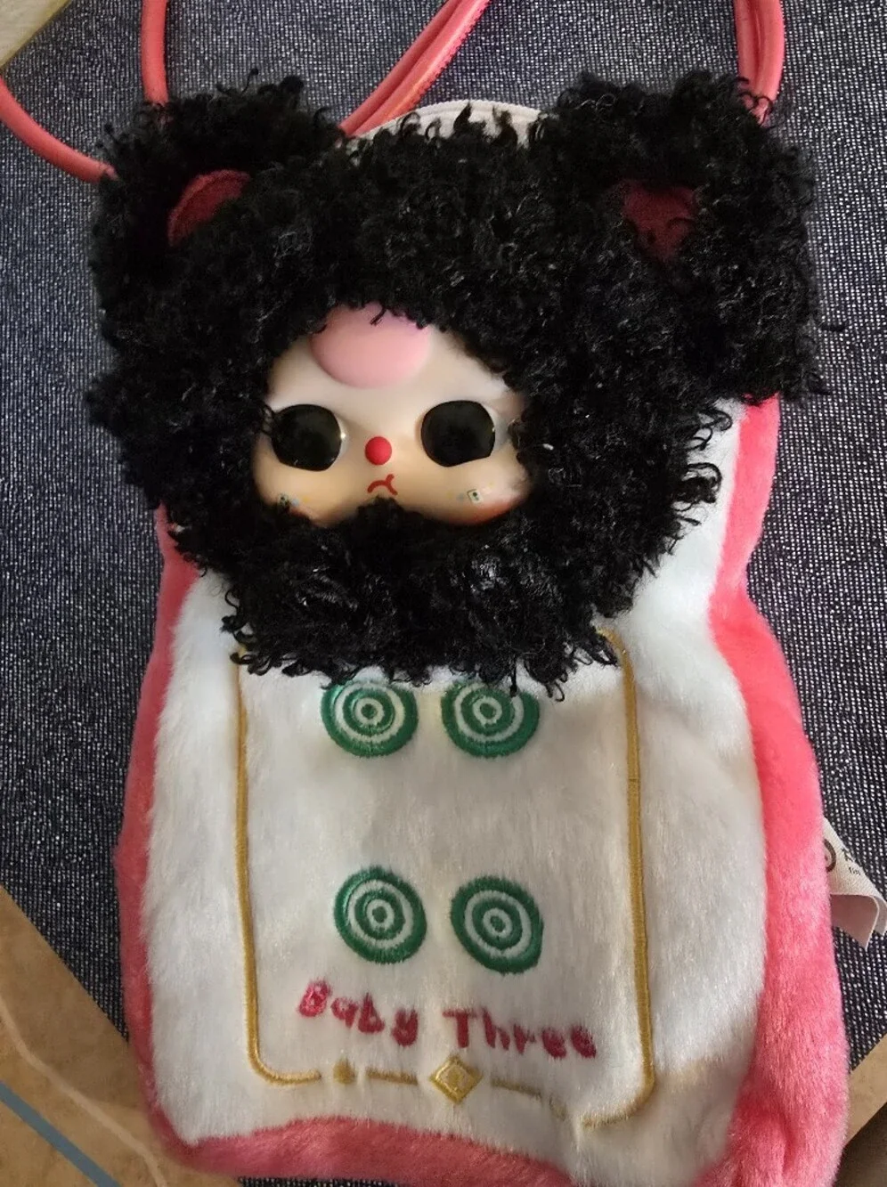 Baby Three Plush Black & Pink Kids Crossbody Bag with Puppy Doll Face